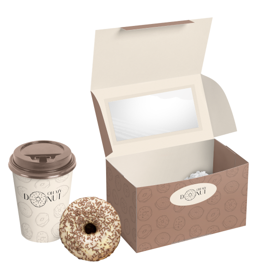 A cup of coffee, one donut and a box